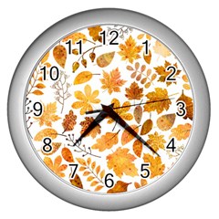 Brown Autumn Leaves Wall Clock (silver) by kyorashop23