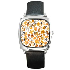 Brown Autumn Leaves Square Metal Watch by kyorashop23