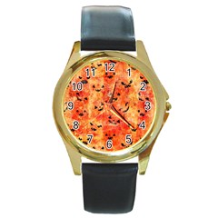 Carved Pumpkin Faces Round Gold Metal Watch by kyorashop23