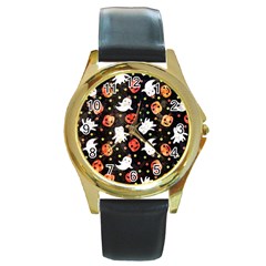 Cool Halloween Ghosts, Adoxali, Autumn Round Gold Metal Watch by kyorashop23