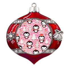 Cute Penguin Pattern, Adoxali, Christmas, December Metal Snowflake And Bell Red Ornament