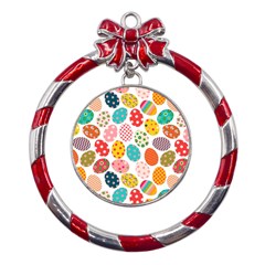 Easter Eggs Pattern, Easter Metal Red Ribbon Round Ornament