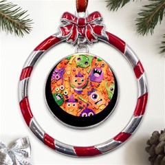 Halloween Monsters Metal Red Ribbon Round Ornament by kyorashop23