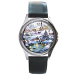 Icy Lights, Art, Christmas, Houses Round Metal Watch Front