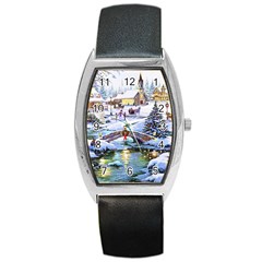 Icy Lights, Art, Christmas, Houses Barrel Style Metal Watch by kyorashop23