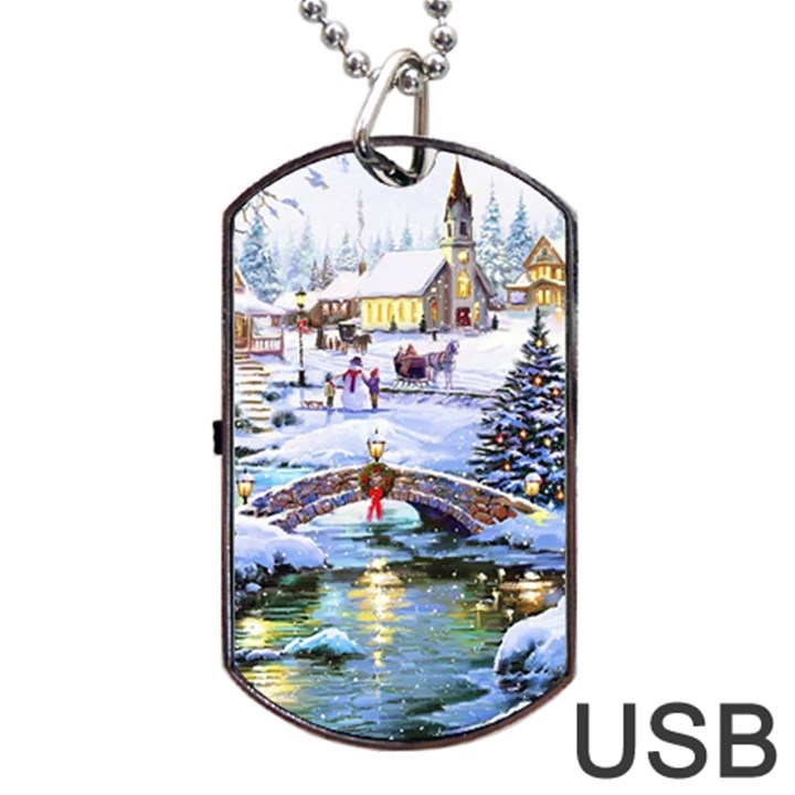 Icy Lights, Art, Christmas, Houses Dog Tag USB Flash (Two Sides)