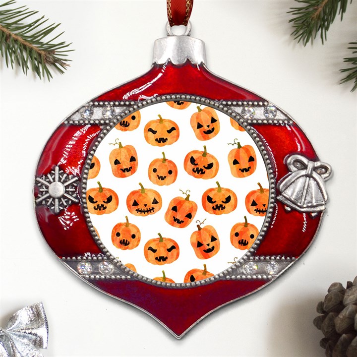 Orange Carved Pumpkins, Adoxali, Halloween Metal Snowflake And Bell Red Ornament