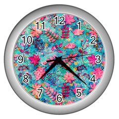 Pink On Blue Leaves Wall Clock (silver) by kyorashop23