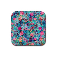 Pink On Blue Leaves Rubber Coaster (square) by kyorashop23