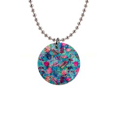 Pink On Blue Leaves 1  Button Necklace