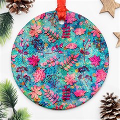 Pink On Blue Leaves Round Ornament (two Sides)