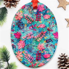 Pink On Blue Leaves Oval Ornament (two Sides)