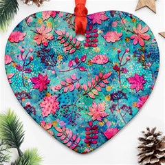 Pink On Blue Leaves Heart Ornament (two Sides)