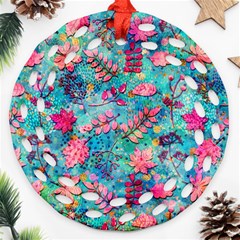 Pink On Blue Leaves Ornament (round Filigree)