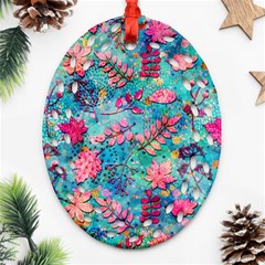 Pink On Blue Leaves Ornament (oval Filigree)