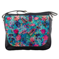 Pink On Blue Leaves Messenger Bag