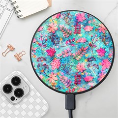 Pink On Blue Leaves Wireless Fast Charger(black) by kyorashop23