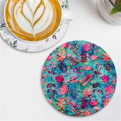 Pink On Blue Leaves Uv Print Round Tile Coaster by kyorashop23