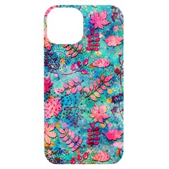 Pink On Blue Leaves Iphone 14 Black Uv Print Case by kyorashop23