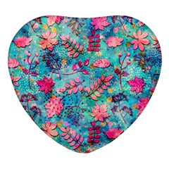 Pink On Blue Leaves Heart Glass Fridge Magnet (4 Pack)