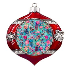 Pink On Blue Leaves Metal Snowflake And Bell Red Ornament