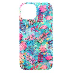 Pink On Blue Leaves Iphone 15 Black Uv Print Pc Hardshell Case by kyorashop23