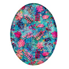 Pink On Blue Leaves Oval Glass Fridge Magnet (4 Pack) by kyorashop23