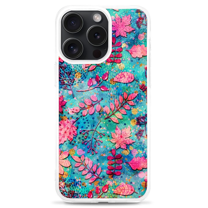 Pink On Blue Leaves iPhone 15 Pro Max TPU UV Print Case