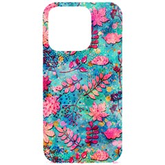 Pink On Blue Leaves Iphone 15 Pro Black Uv Print Pc Hardshell Case