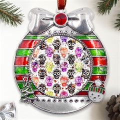 Sugar Skulls - Floral Metal X mas Ribbon With Red Crystal Round Ornament by kyorashop23