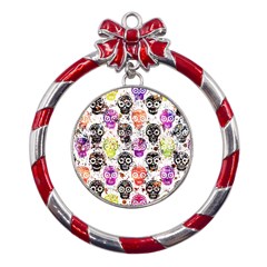 Sugar Skulls - Floral Metal Red Ribbon Round Ornament by kyorashop23