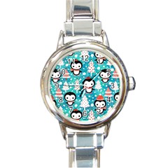 Blue Penguin Pattern, Adoxali, Christmas, Cute Round Italian Charm Watch