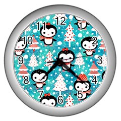 Blue Penguin Pattern, Adoxali, Christmas, Cute Wall Clock (Silver)