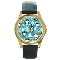 Blue Penguin Pattern, Adoxali, Christmas, Cute Round Gold Metal Watch