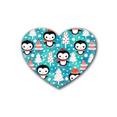 Blue Penguin Pattern, Adoxali, Christmas, Cute Rubber Coaster (Heart)