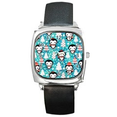 Blue Penguin Pattern, Adoxali, Christmas, Cute Square Metal Watch by kyorashop23