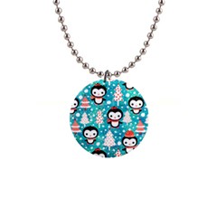 Blue Penguin Pattern, Adoxali, Christmas, Cute 1  Button Necklace