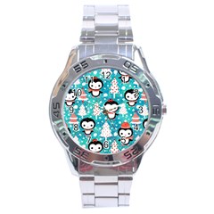 Blue Penguin Pattern, Adoxali, Christmas, Cute Stainless Steel Analogue Watch