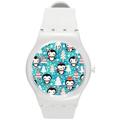 Blue Penguin Pattern, Adoxali, Christmas, Cute Round Plastic Sport Watch (M)