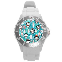 Blue Penguin Pattern, Adoxali, Christmas, Cute Round Plastic Sport Watch (L)