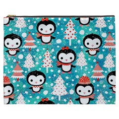 Blue Penguin Pattern, Adoxali, Christmas, Cute Cosmetic Bag (XXXL)