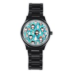 Blue Penguin Pattern, Adoxali, Christmas, Cute Stainless Steel Round Watch Front