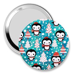 Blue Penguin Pattern, Adoxali, Christmas, Cute 3  Handbag Mirrors by kyorashop23