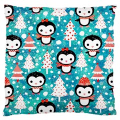 Blue Penguin Pattern, Adoxali, Christmas, Cute Large Premium Plush Fleece Cushion Case (Two Sides)