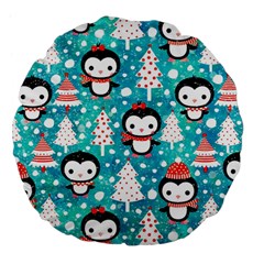 Blue Penguin Pattern, Adoxali, Christmas, Cute Large 18  Premium Flano Round Cushions