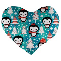 Blue Penguin Pattern, Adoxali, Christmas, Cute Large 19  Premium Flano Heart Shape Cushions