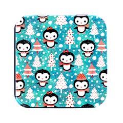 Blue Penguin Pattern, Adoxali, Christmas, Cute Square Metal Box (Black)