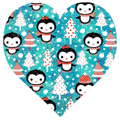 Blue Penguin Pattern, Adoxali, Christmas, Cute Wooden Puzzle Heart