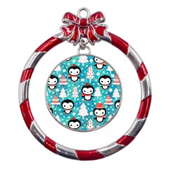 Blue Penguin Pattern, Adoxali, Christmas, Cute Metal Red Ribbon Round Ornament