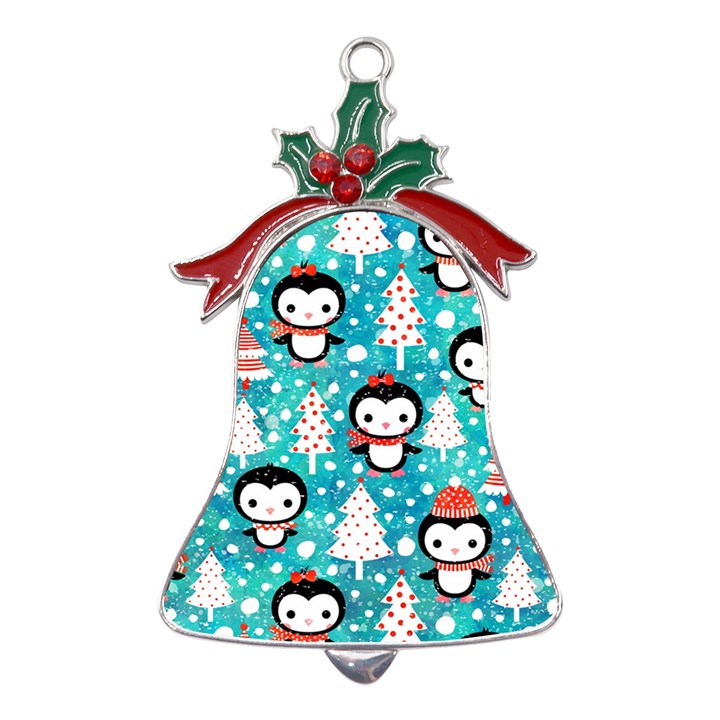 Blue Penguin Pattern, Adoxali, Christmas, Cute Metal Holly Leaf Bell Ornament